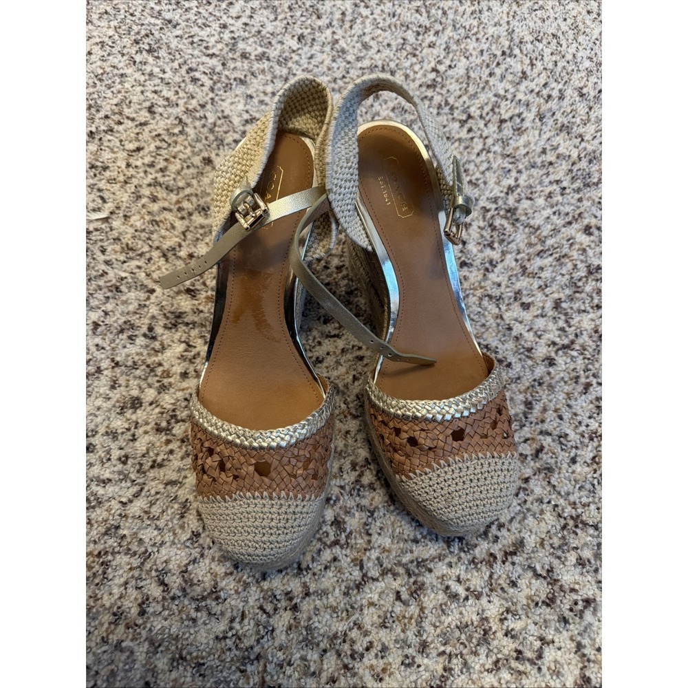 Coach New  Espadrille‎ Beige Brown 1 1/4"Platform 5" Heel Close Toe Sz 12